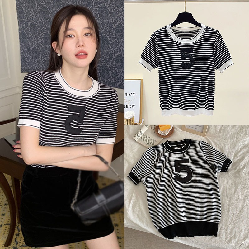 Áo Thun Dệt Kim Tay Ngắn Dáng Ôm Kẻ Sọc Màu Sắc Tương Phản Co Giãn Phong Cách Hàn Quốc