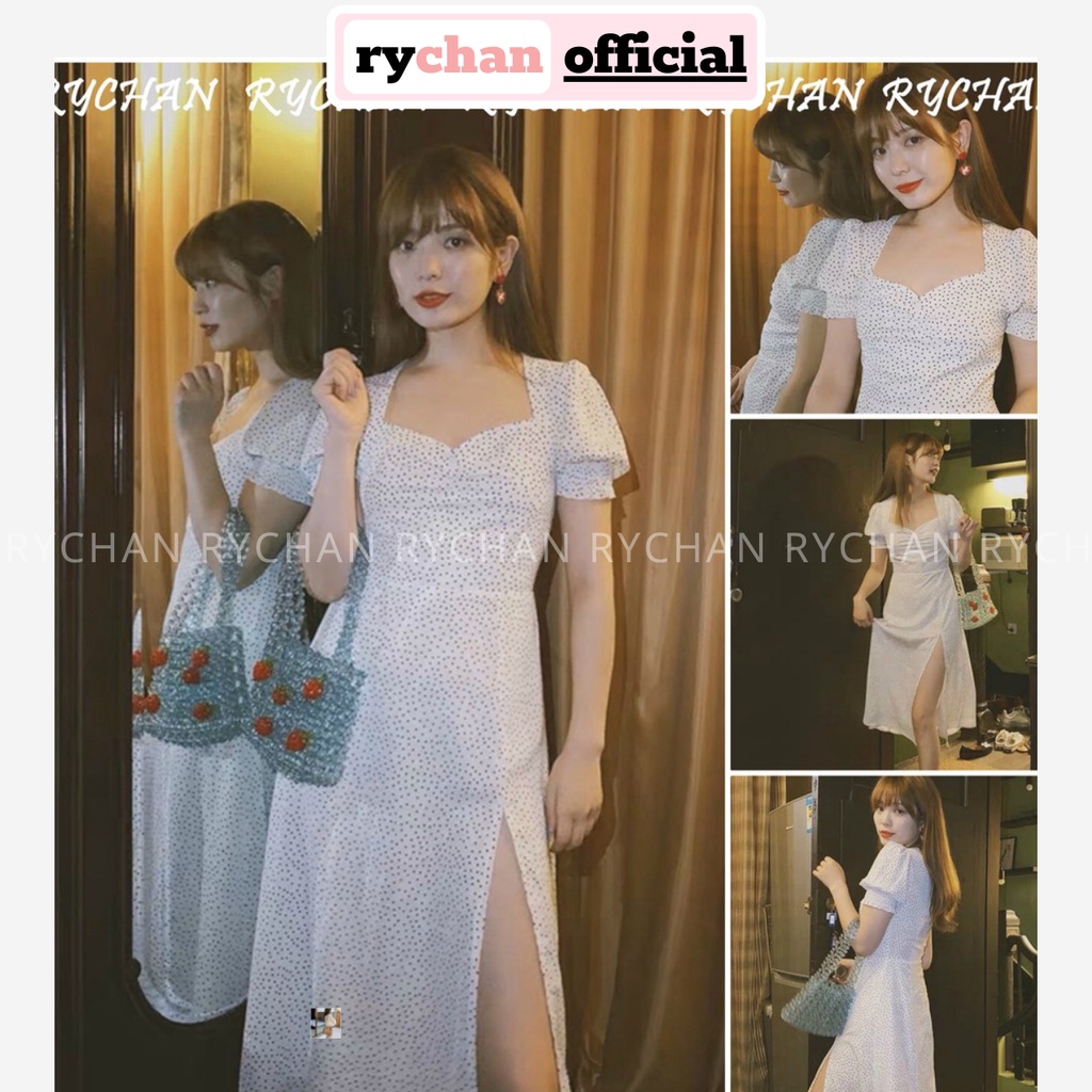 Đầm Xòe Bi Trắng Nhún Ngực Xẻ Tà 2 Lớp Lót Trong Dày Dặn - DX810