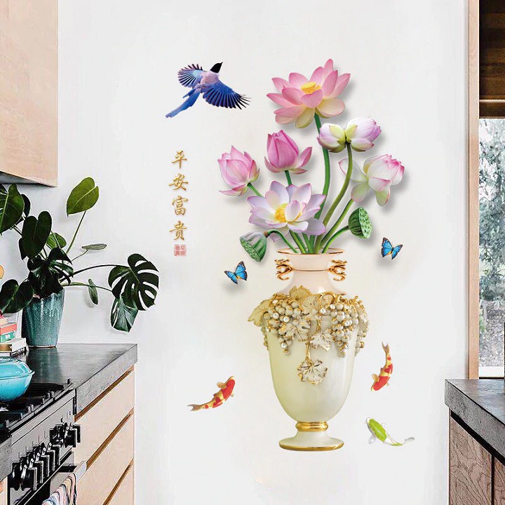 Decal trang trí tường họa tiết bình hoa bắt mắt loại 60x90cm (DDT69)