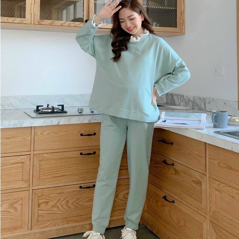 Đồ Bộ bầu dài tay thời trang thu đông chất da cá cổ ren siêu dễ thương BD908