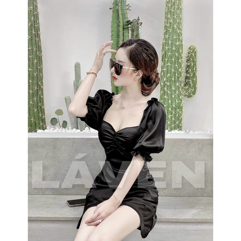 Đầm body tay phồng nhún hông xinh xắn