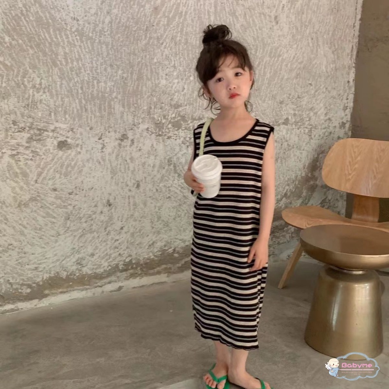 Đầm Thun Ba Lỗ Cổ Tròn Họa Tiết Kẻ Sọc Phong Cách Hàn Quốc Thời Trang Mùa Hè Cho Bé Gái