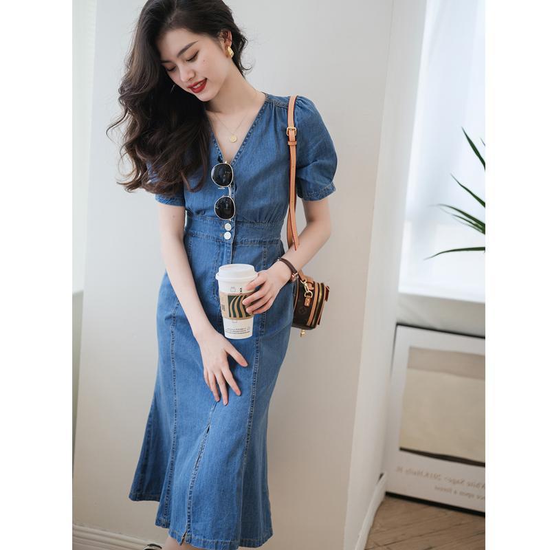 Đầm Denim Tay Ngắn Cổ Chữ V Thiết Kế Mỏng Cao Cấp Thời Trang Mùa Hè Dành Cho Nữ
