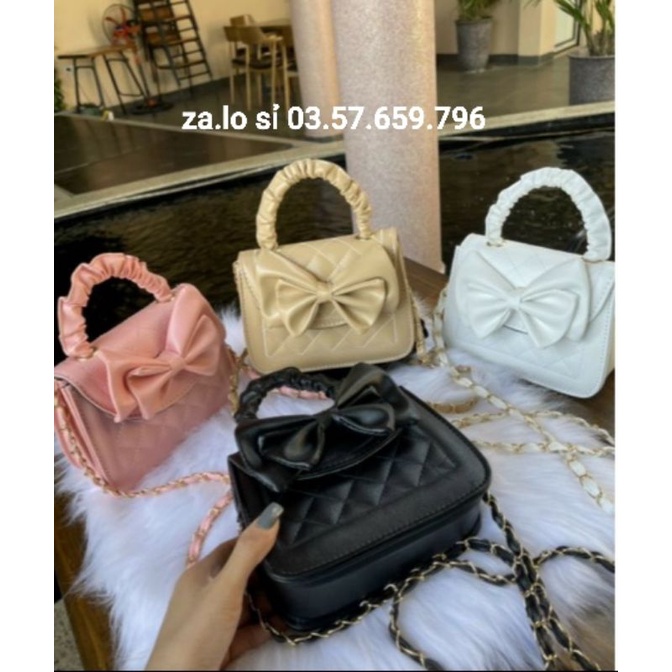 Túi xách đeo chéo nữ quai nhún kèm nơ xinh xắn
