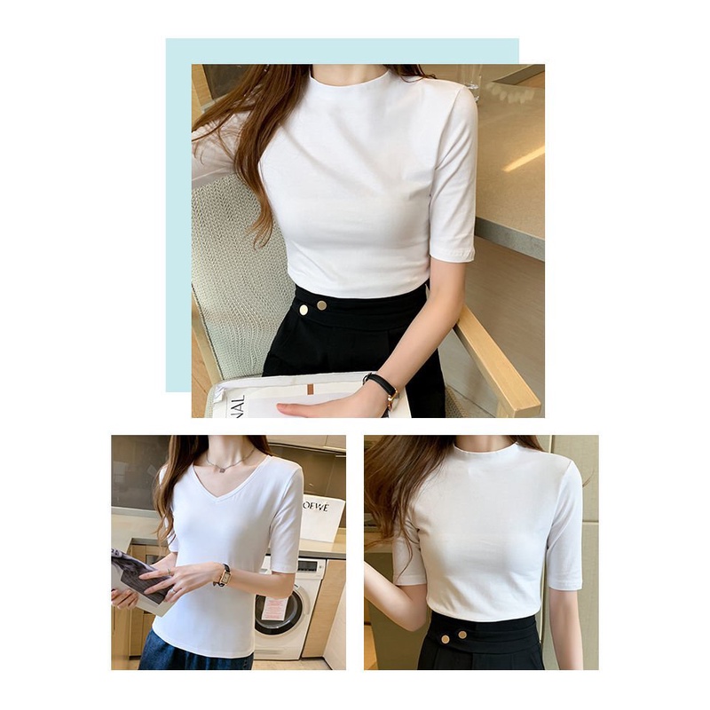 Áo Thun Tay Ngắn Màu Đen Cổ Cao Ôm Dáng Thời Trang Cho Nữ