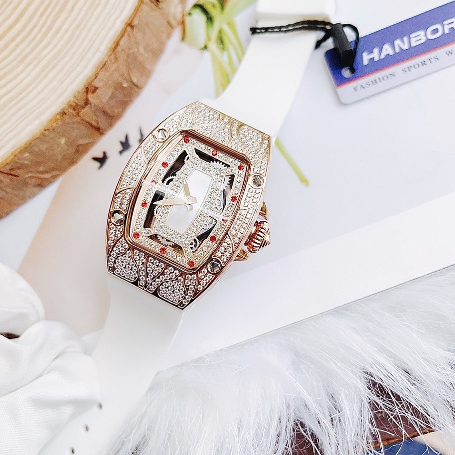 Đồng Hồ Huboler Hanboro Nữ Dây Silicon Trắng Mặt Đính Đá Rose Gold 36mm Authentic