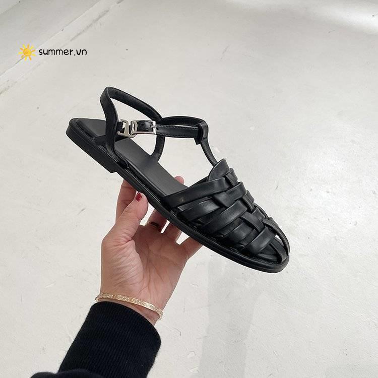 Giày Sandal Bít Mũi Size Lớn 41 Đế Bằng Thiết Kế Khoét Lỗ Mẫu Mới Thời Trang Cho Nữ