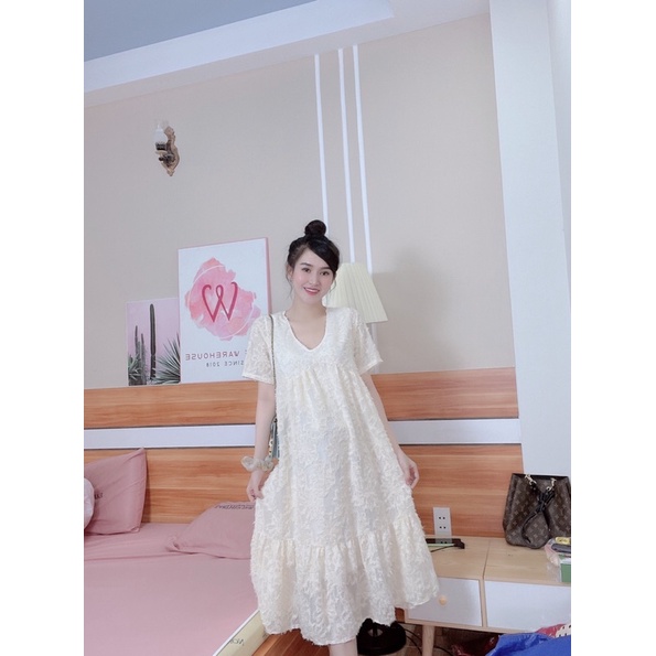 Váy bầu công sở, dự tiệc sang chảnh, 2 lớp, thoáng mát, nhúng ngực, 4 màu hot, mã DB1019