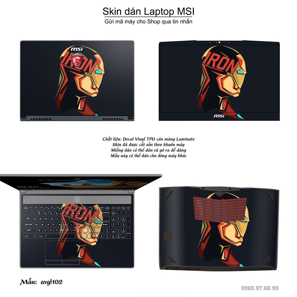 Skin dán Laptop MSI in hình iron man - Avenger - avgl102 (inbox mã máy cho Shop)