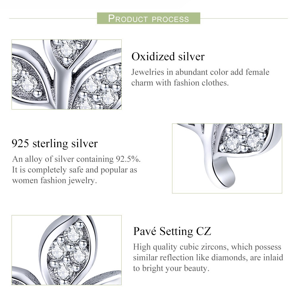 Hoa tai Bamoer kim loại hình lá xi bạc đính đá lấp lánh hợp thời trang