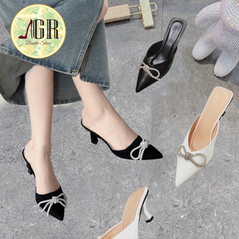 Guốc mũi nhọn da mềm nơ đá gót nhọn 5 cm