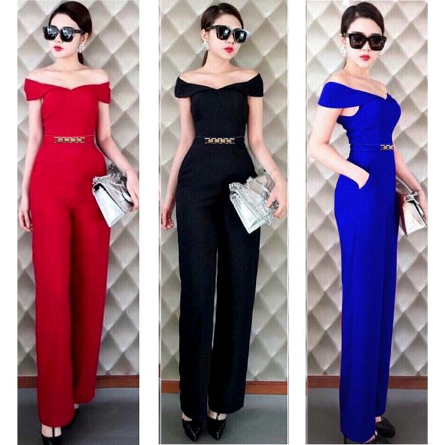 [Bán Lỗ Vốn] Jumpsuit dài ống suông trễ vai phối tag bụng