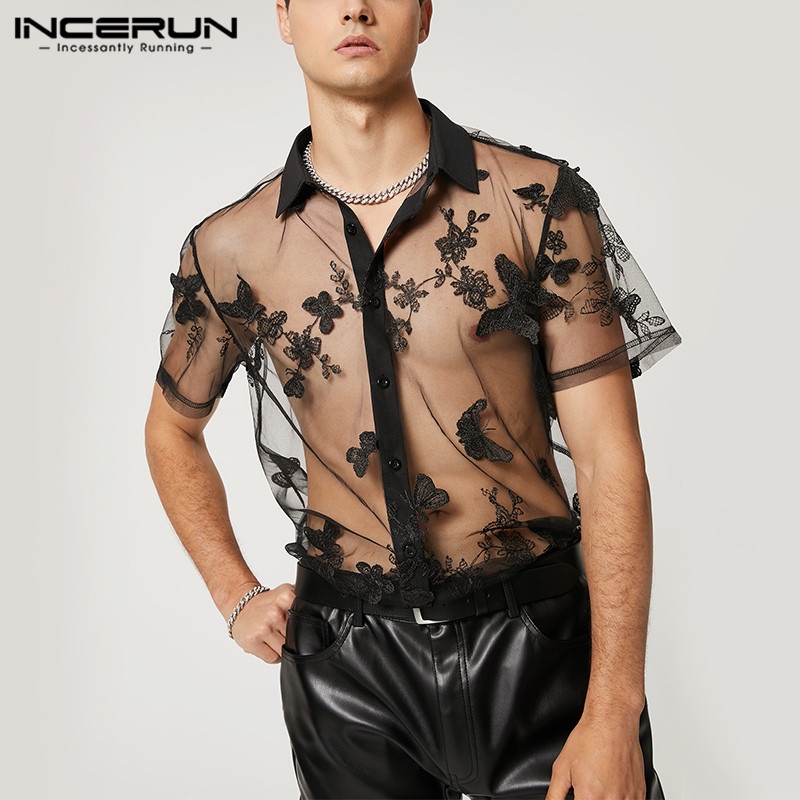 Áo sơ mi INCERUN tay ngắn xuyên thấu thêu hình bướm thời trang cho nam
