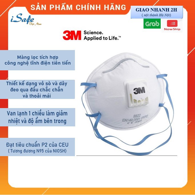 Khẩu trang N95 3M 8822 có van thở chính hãng, lọc độc, lọc bụi mịn, viruss và vi khuẩn theo chuẩn FFP2 của châu Âu CEN