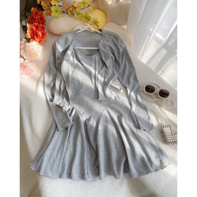 (New arrival) Đầm 2 dây thun gân xoè basic kèm áo khoác cardigan cực sexy và năng động cho bạn nữ mặc dạo phố tiệc tùng
