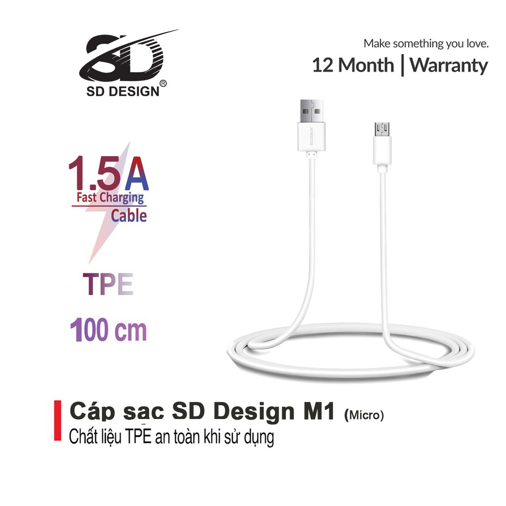 Cáp sạc chính hãng SD DESIGN M1 ĐẦU MICRO ANDROID DÀI 1M