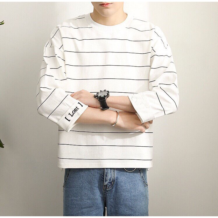 Áo thun tay dài form rộng unisex - phông dài tay nam nữ oversize sọc lost xẻ tà  - 2N Unisex