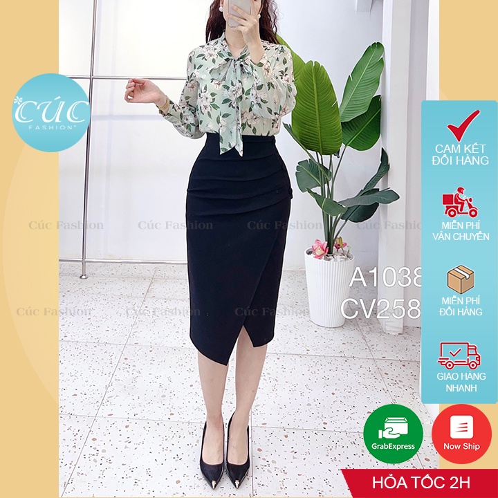 Áo sơ mi nữ Cúc Fashion sơmi kiểu dài tay buộc nơ cao cấp chuẩn thời trang công sở đi học màu hoa trắng đỏ đẹp A1038