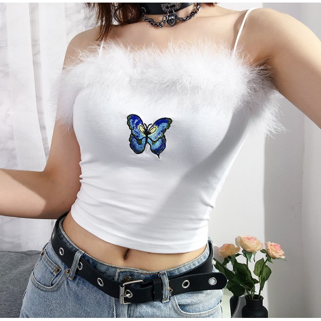 Áo Croptop lông viền ngực 2 dây HAC76 - Hỉn Hỉn Store