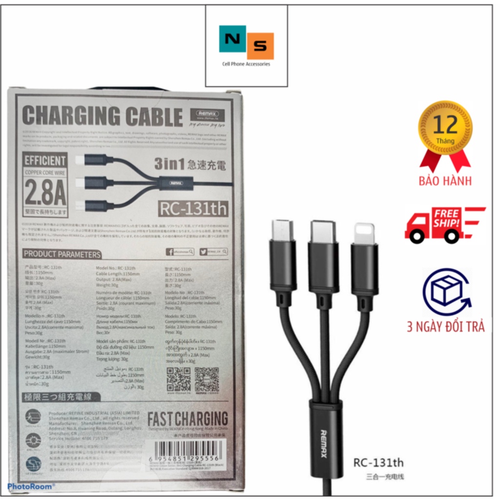 Dây Cáp Sạc 3 đầu Typec/Micro/Lightning Remax RC-131th