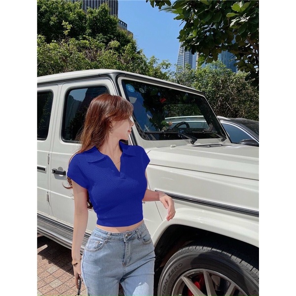 Áo cộc tay nữ cổ bẻ xẻ V dáng ngắn croptop 6 màu chất len dệt kim