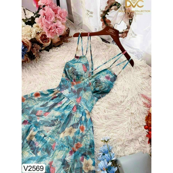 đầm maxi hai dây (có mút) chất voan hai lớp thích hợp cho đi biển
