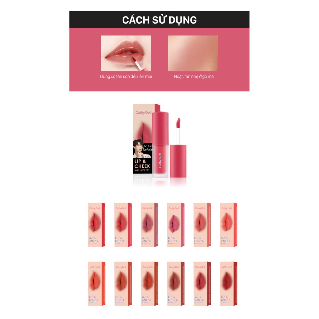 Son kem và má hồng Cathy Doll Lip &amp; Cheek Nude Matte Tint 3.5g