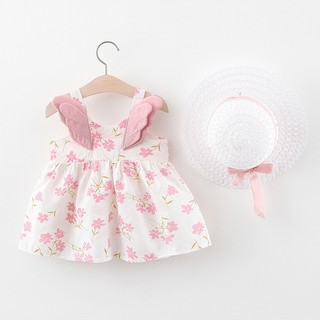 Bộ đầm hai dây + mũ thời trang mùa hè dễ thương cho bé gái từ 9 tháng - 3 tuổi