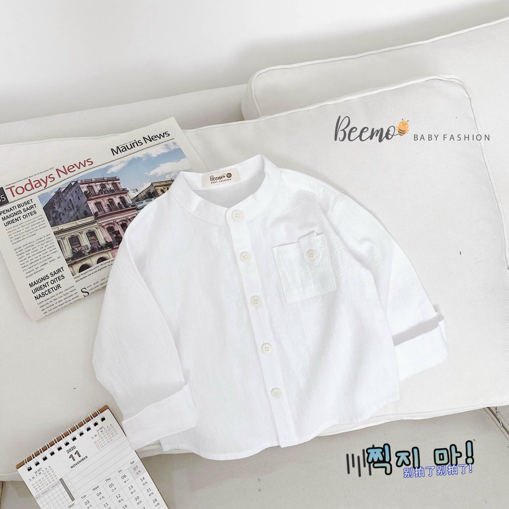 Áo sơ mi cổ tàu dài tay phối túi ngực Beemo cho bé trai