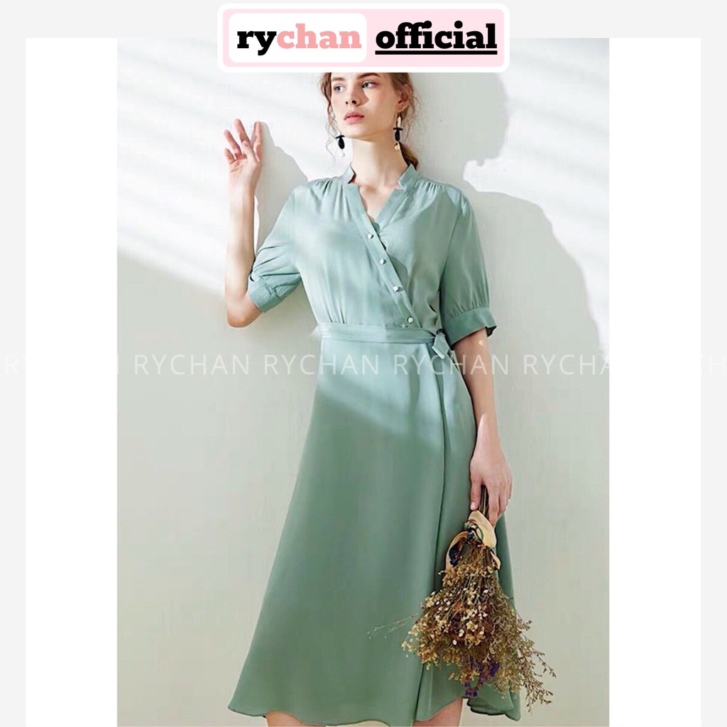Đầm Xòe Midi Xanh Mint Nút Lệch Cổ Trụ Buộc Eo - DX518
