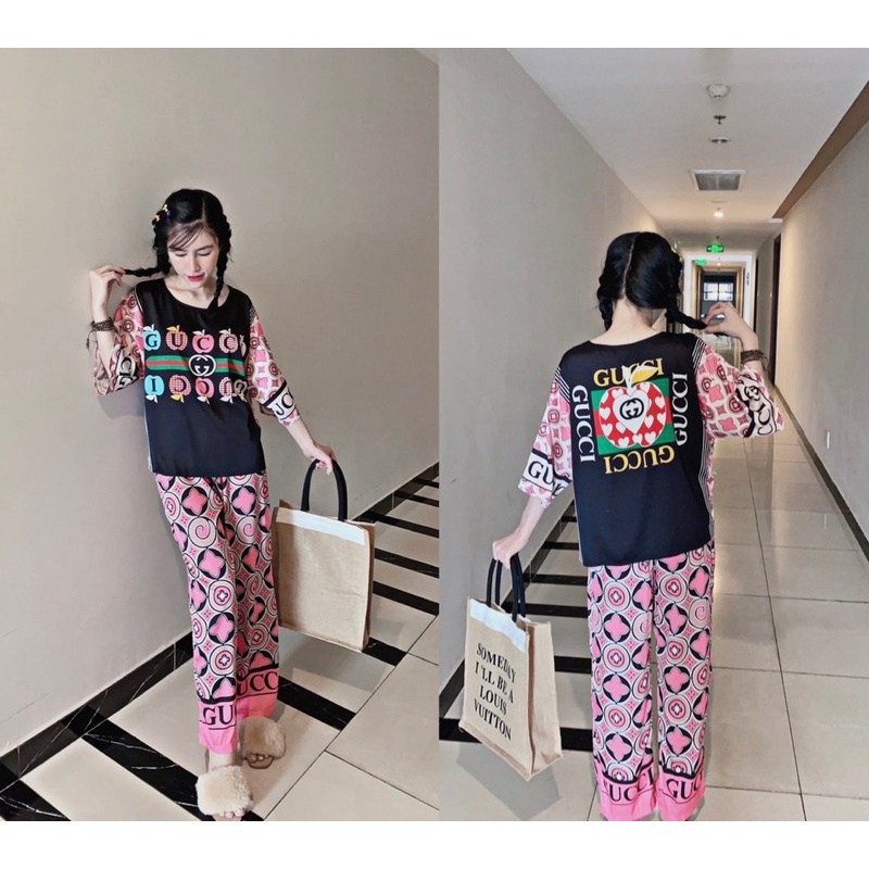 Đồ bộ ngủ mặc nhà Pijama LỤA LATIN tay ngắn quần dài  dưới 65kg - BẦU BÍ SAU SINH BON CHEN THOẢI MÁI