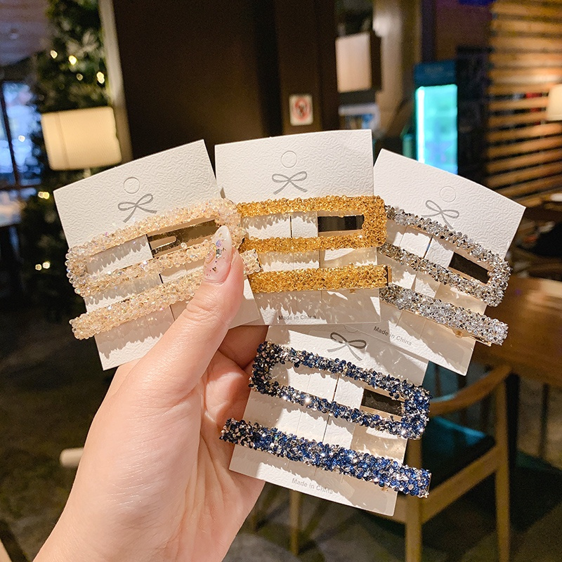 Bộ 2 Kẹp Tóc Đính Đá Pha Lê / Kim Cương Giả Hình Vuông Đơn Giản Phong Cách Hàn Quốc Cổ Điển Cho Nữ