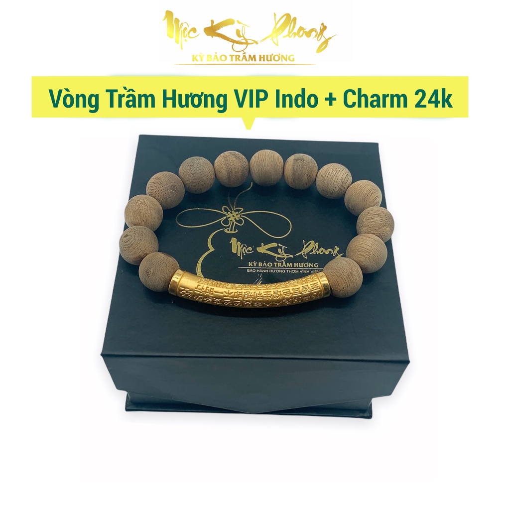Vòng Trầm Hương 12mm INDO Mix Charm Lắc Tâm Kinh 24k MỘC KỲ PHONG Hàng Cao Cấp