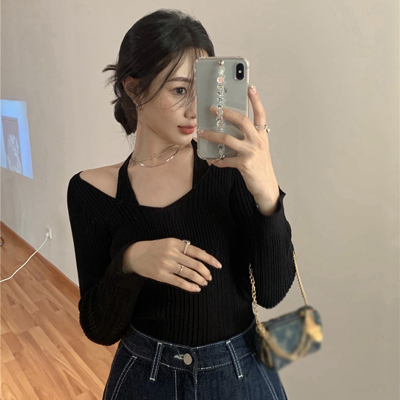 QADCOL Áo sweater dệt kim tay dài dáng ôm thiết kế độc đáo thời trang gợi cảm dành cho nữ