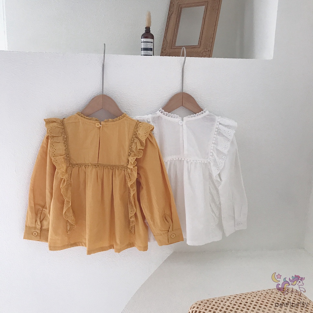 Áo kiểu tay dài phối ren phong cách Hàn Quốc xinh xắn dễ phối đồ cho bé gái