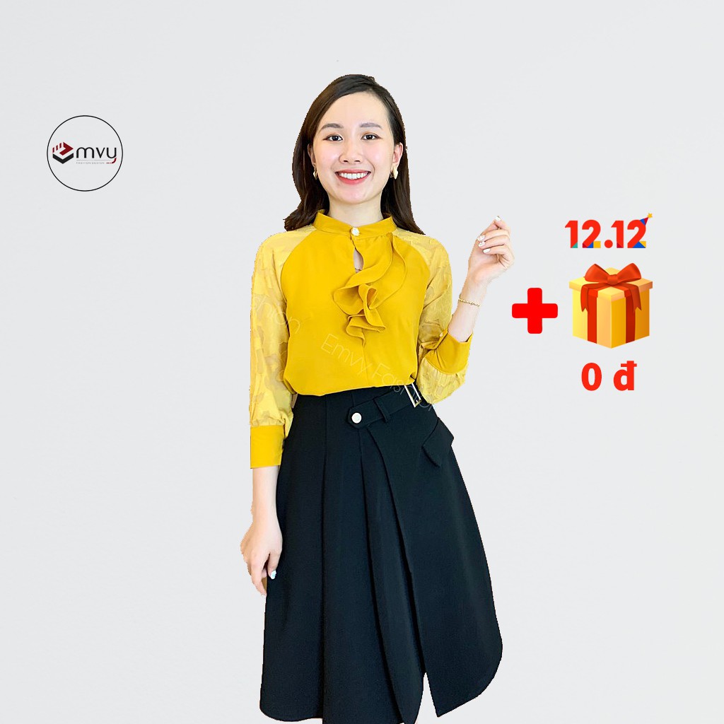 [Mã WASTUP giảm 10% tối đa 30K đơn 99K] Áo sơ mi nữ Thiết kế lụa trượt cổ trụ phối tơ hoa EMVY-A34 | BigBuy360 - bigbuy360.vn