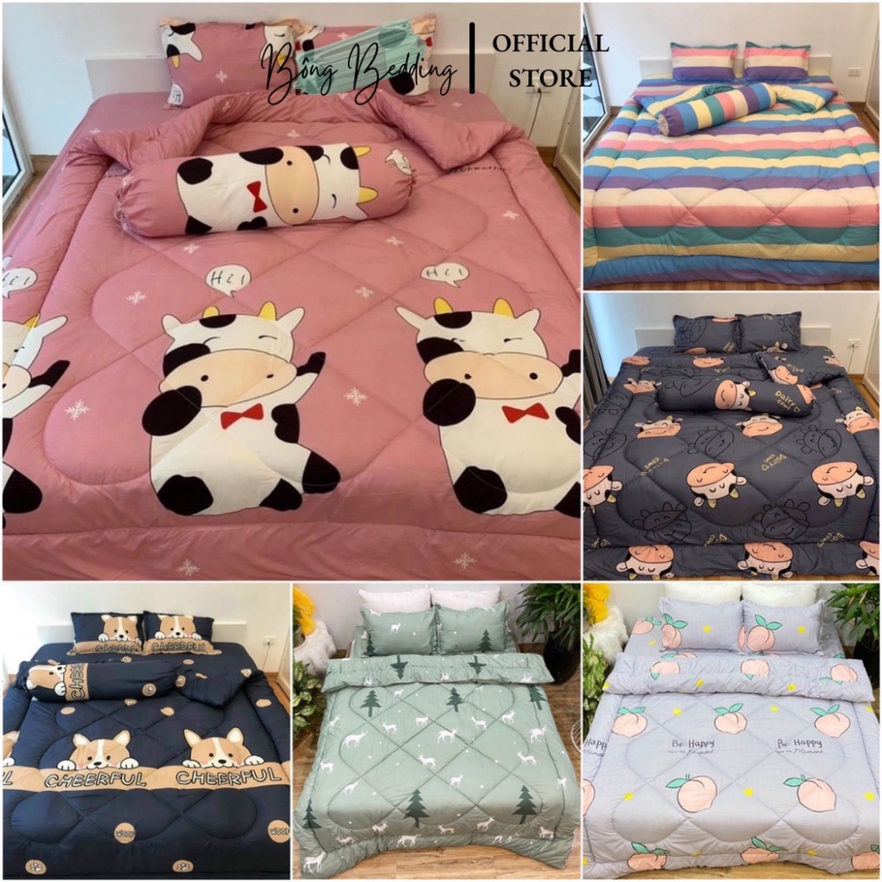 Bộ Chăn Ga Gối Chăn Chần Bông Cotton Poly Nhiều Mẫu, Tặng Kèm Vỏ Gối Ôm