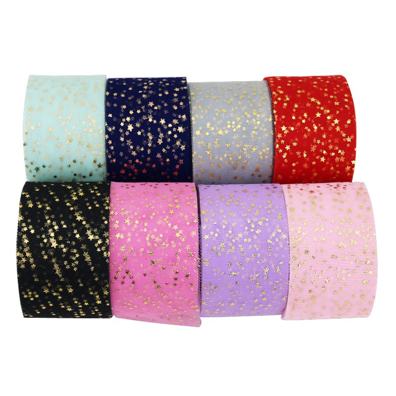 Dây ruy băng vải lưới phối ren sao cỡ 6cm (50 / 10 thước Anh) dùng trang trí gói quà