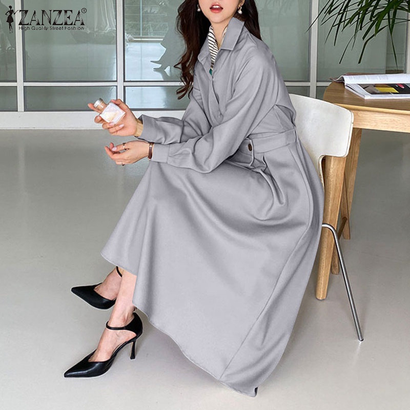 Đầm maxi Zanzea thời trang nữ dài tay eo cao co giãn xếp ly phong cách hàn quốc