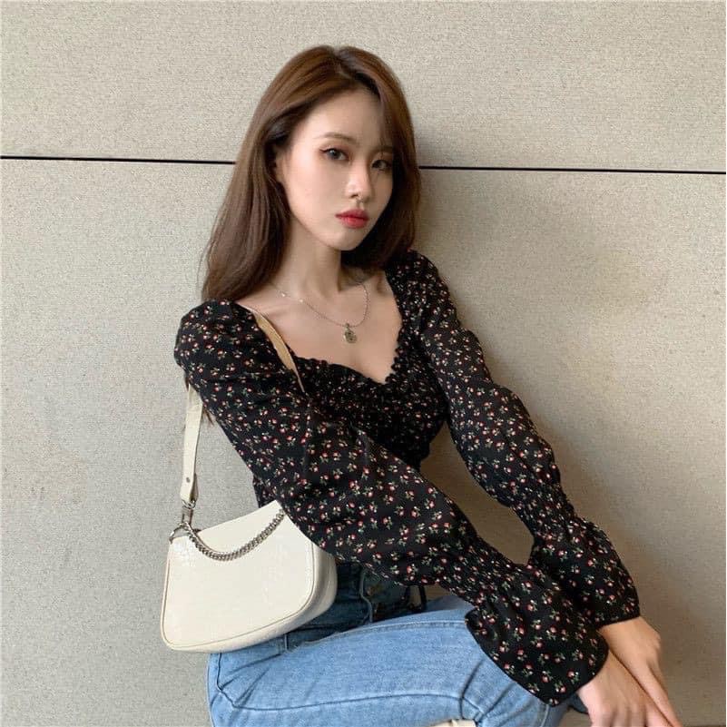 Áo croptop hoa nhí vintage chun bồng tay dài trễ Vai Thời Trang loại 1