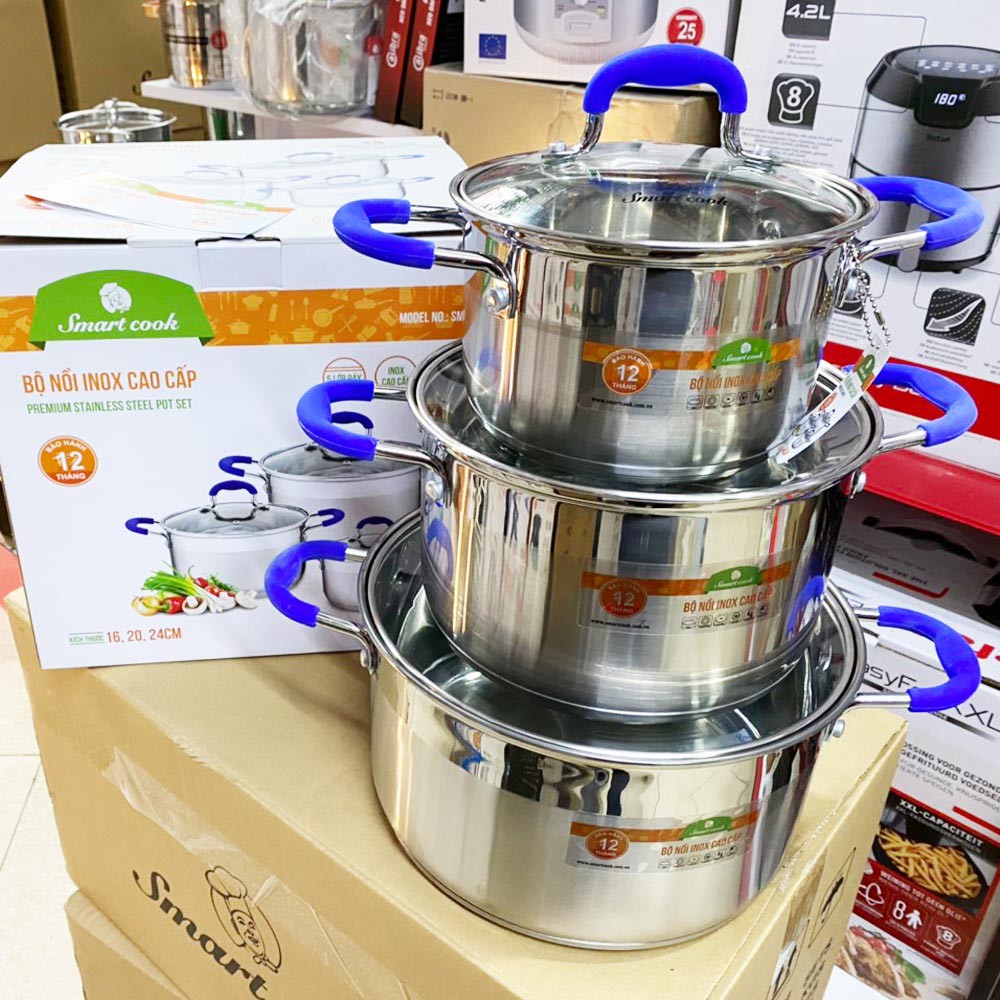 Bộ 3 nồi Inox 304 5 đáy size 16, 20 và 24cm Elmich Smartcook SM-5961 dùng bếp từ, bảo hành 12 tháng - HÀNG CHÍNH HÃNG