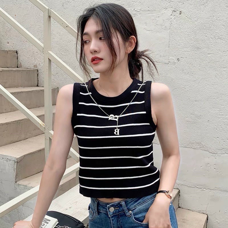 [L2M] Áo len dệt kim Montoghi Quảng Châu ba lỗ KẺ SỌC dáng vừa TẶNG KÈM VÒNG CỔ CHỮ B cực chất