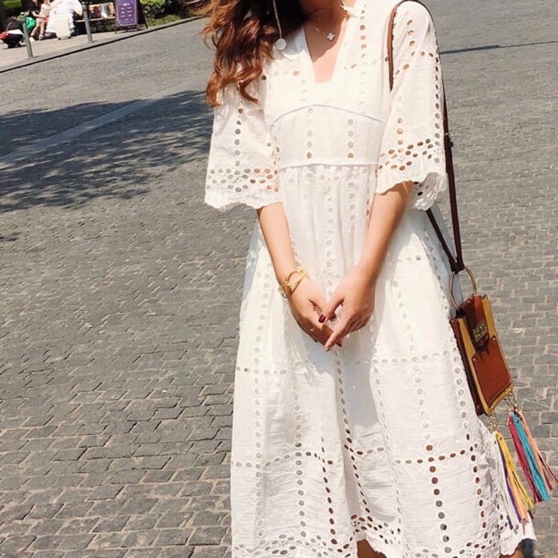 Đầm maxi trắng xô đẹp đục lỗ vintage boho bohemian