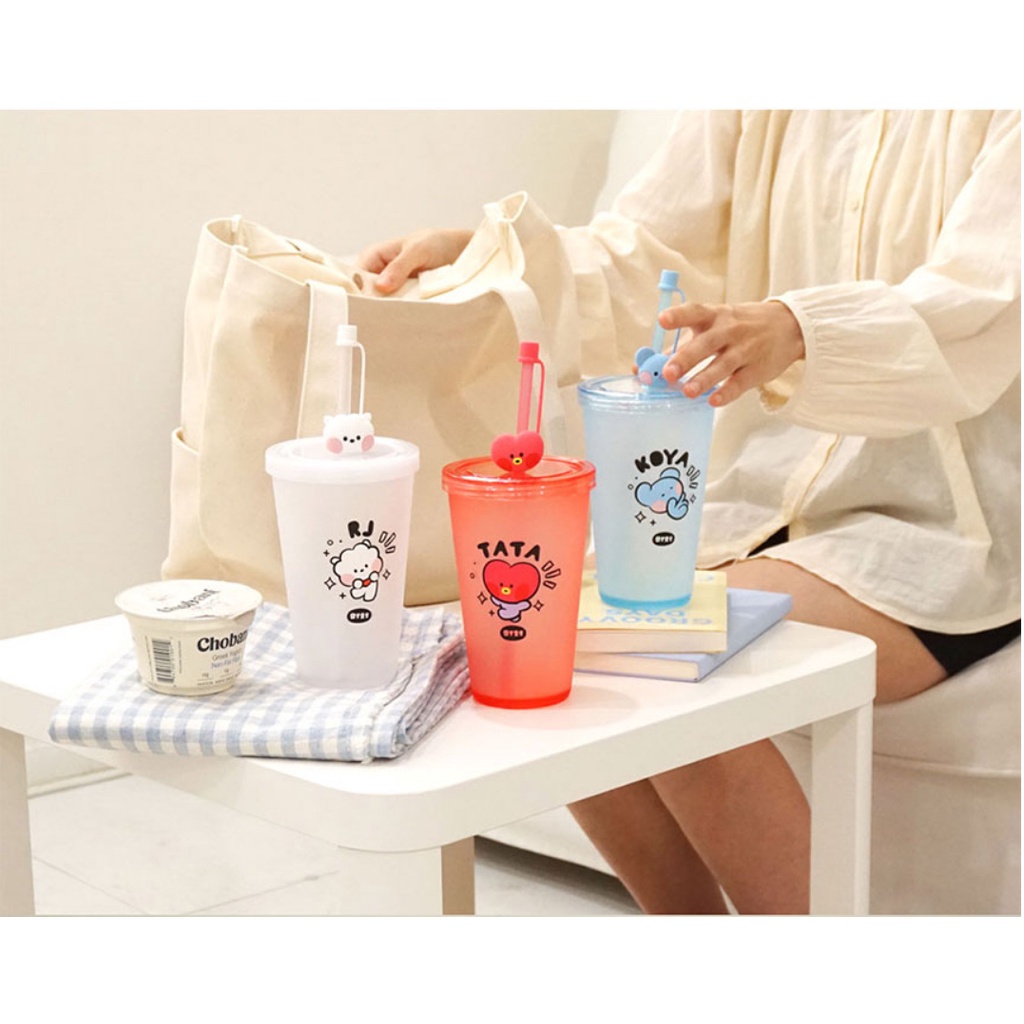 Ly Uống Nước mini BT21 Dung Tích 650Ml Có Ống Hút In Hình BT21 Phong Cách Hàn Quốc