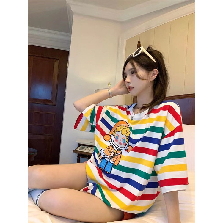 Jiashucheng Áo Thun Ngắn Tay Cổ Tròn Họa Tiết Kẻ Sọc Cầu Vồng Màu Tương Phản Thời Trang Mùa Hè Hàn Quốc 2023 Mới