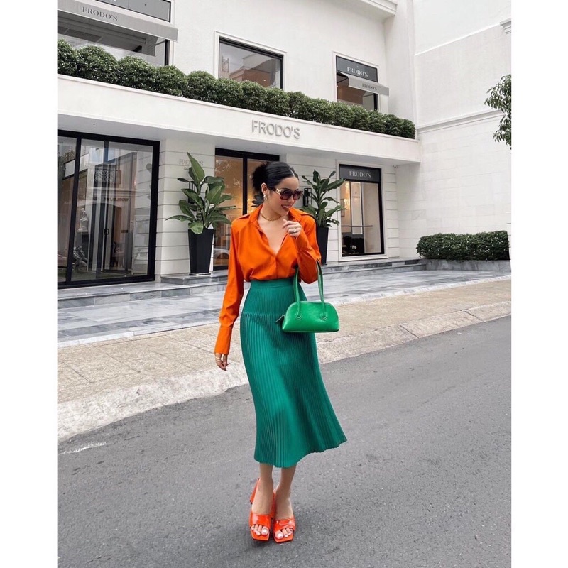 Chân váy dập ly xếp ly midi dáng dài chiết eo đi làm đi dạo cực hot