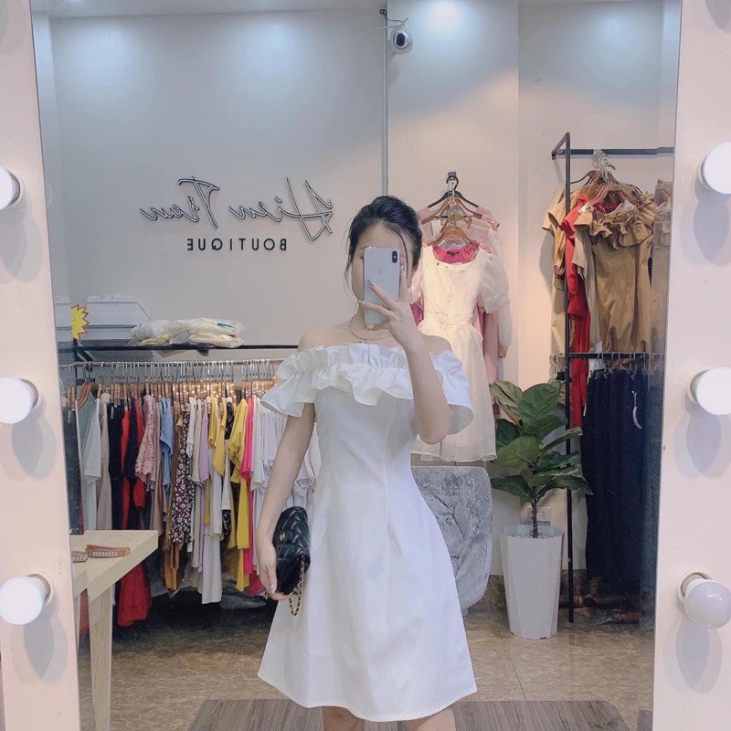 [ Ảnh thật cuối ] Váy trắng trễ vai thiết kế cúc bọc siêu xinh - Đầm trắng tiểu thư Hàn quốc (sẵn hàng)