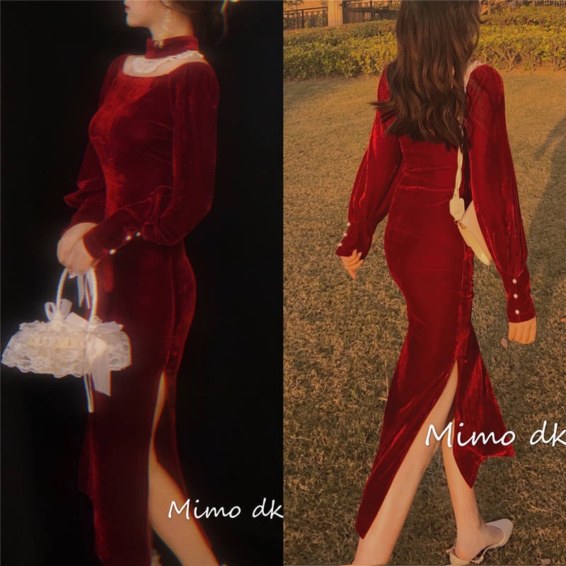 Burgundy Đầm Nhung Tay Phồng Màu Đen / Dài Vừa Vặn Xẻ Tà Phong Cách Retro Quyến Rũ