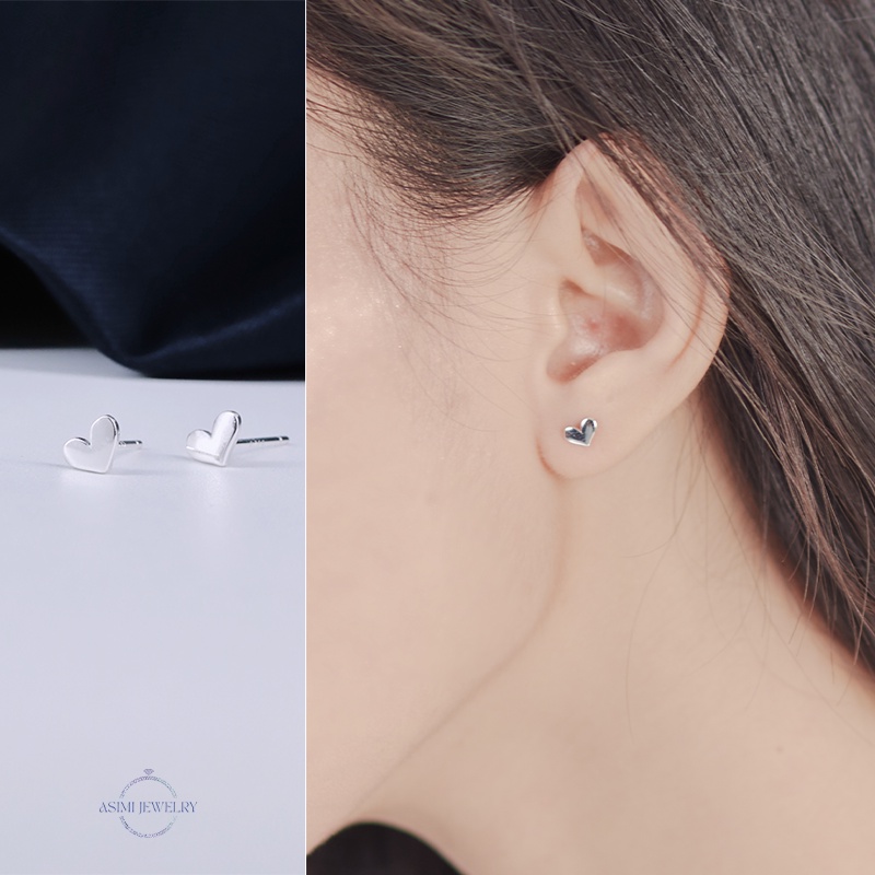 Đôi bông tai bạc nữ mặt trái tim đơn giản Asimi, bông tai bạc Ý 925 đơn giản cute Little Heart KT15