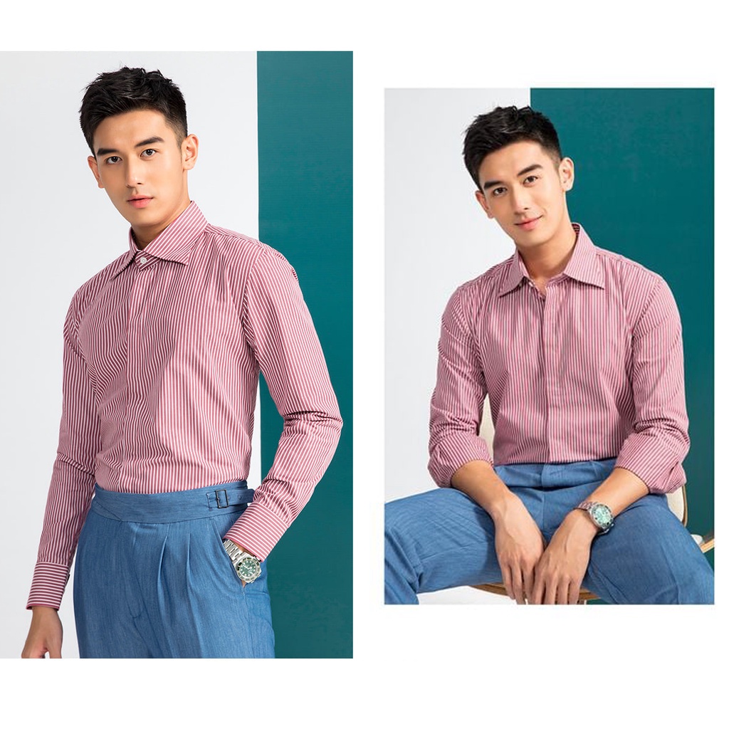 Áo Sơ Mi Nam Kẻ Sọc Tay Dài Màu Đỏ Công Sở Trady Form Ôm Body Lịch Lãm - Trady Fashion